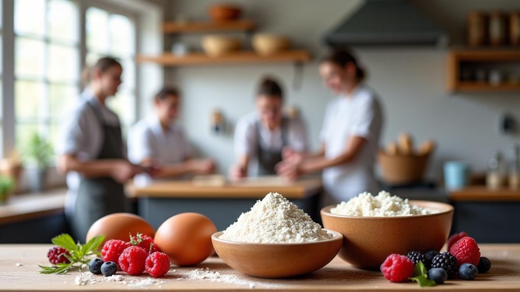 Fresh ingredients laid out on a wooden table, with bakery team members in the background working