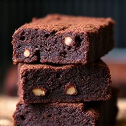 Rich espresso brownies with chocolate chunks, dusted with cocoa.