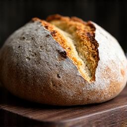 Artisan mountain sourdough bread on a wooden board.
