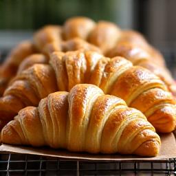 Golden, flaky sunrise croissants on a baking rack.