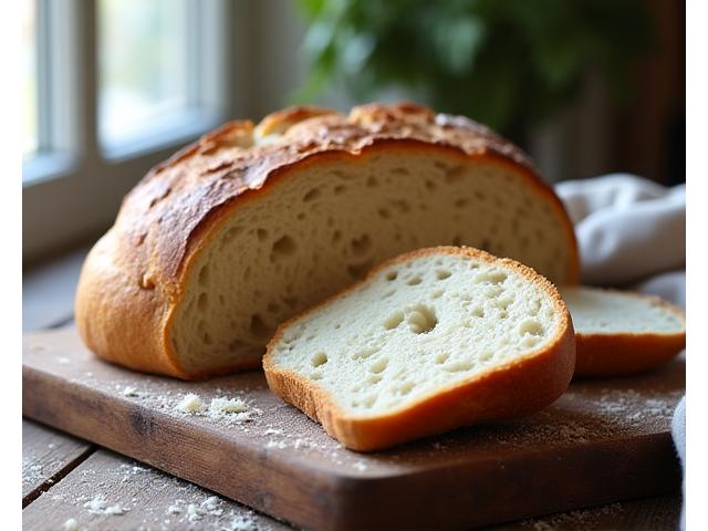 Freshly baked artisanal sourdough bread with a crispy crust and soft interior, sliced open.
