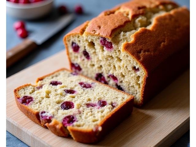 Rustic loaf of cranberry walnut bread with visible cranberries and walnuts, sliced.
