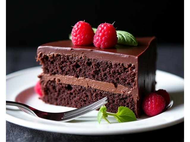 A slice of rich, multi-layered chocolate cake with ganache frosting and fresh berries.