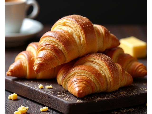 Golden brown, buttery flaky croissants stacked on a wooden board.