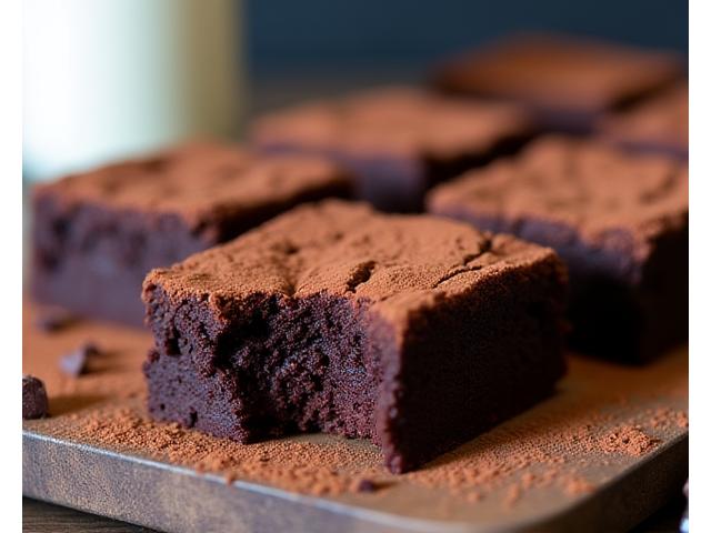 Rich, fudgy gluten-free brownies with a crinkly top, dusted with cocoa powder.