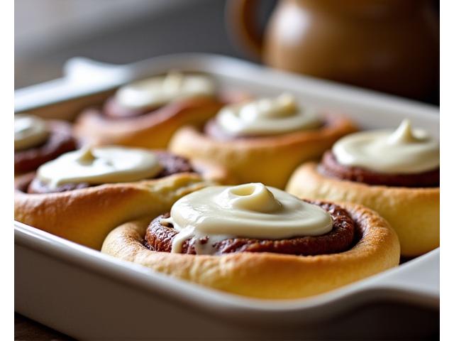 Warm, gooey cinnamon rolls with generous cream cheese frosting, in a baking dish.