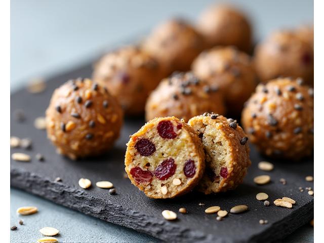 Small, round energy bites made with oats, seeds, and dried fruit, arranged on a plate.
