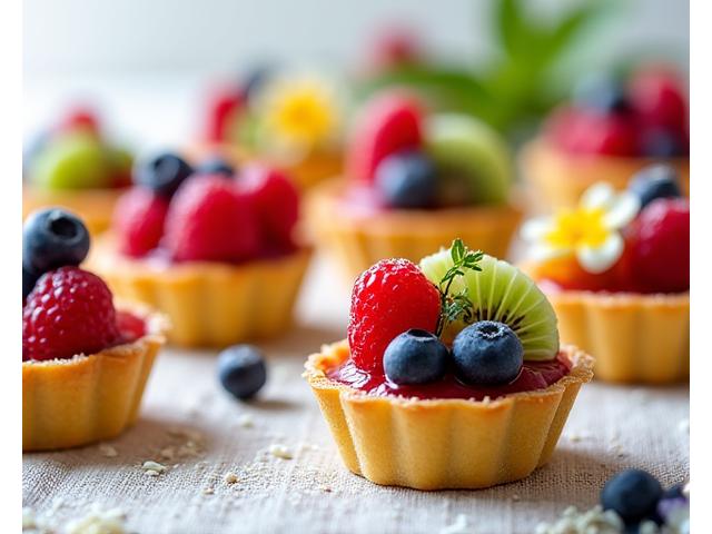 Assortment of small, colorful fruit tarts with glossy fresh berries and kiwi.