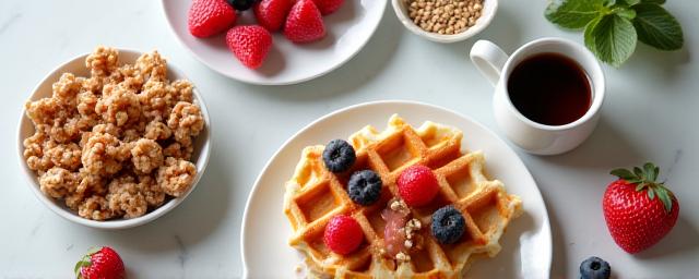 Beautifully arranged breakfast and brunch items like waffles, fresh fruit, and coffee