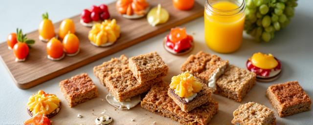 Creative and healthy dawn-inspired snacks like granola bars, energy bites, and fruit skewers