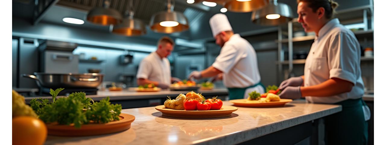 Professional kitchen preparing gourmet food