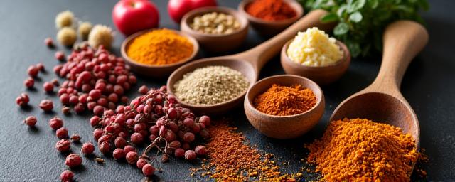 Assortment of unique spices, dried fruits, and gourmet ingredients