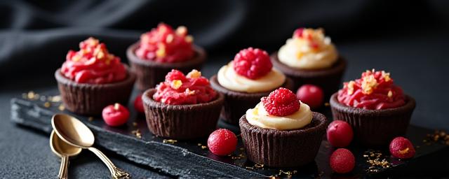 Assortment of rich, elegant twilight desserts like chocolate tarts, macarons, and fruit parfaits